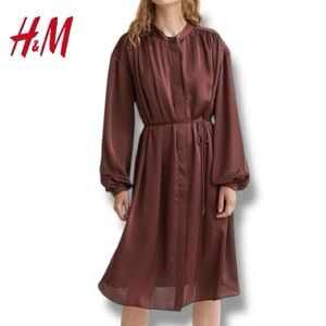 H&M Dress Button Down Long Sleeve Tunic Shirt Oversized Midi Satin Brown | Sz S